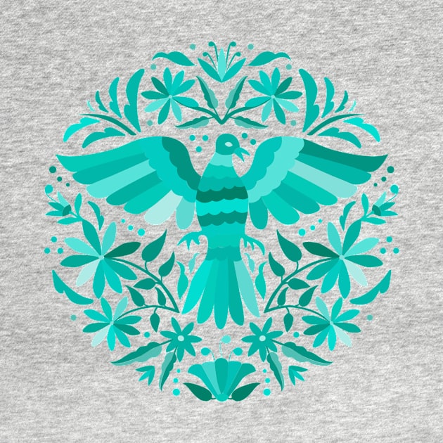 Flying Bird - Mexican Otomí Stamp Design in Turquoise Shades by Akbaly by Akbaly